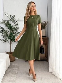 EMERY ROSE 女款優雅通勤收腰純色洋裝 秋季女裝休閒洋裝 棕色優雅女裙 - 軍綠色 - 查看 6