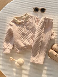 SHEIN 男女嬰兒/幼兒 2件組秋冬加厚紋理布料 POLO 套裝，衛衣套裝，嬰兒冬季服飾，聖誕 - 杏色 - 查看 5