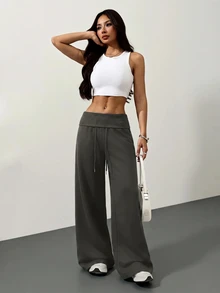 SHEIN Tall CURVE 大尺碼黑色純色抽繩高腰寬腿褲，居家休閒度假健身運動褲，秋季休閒軟綿舒適 - 深灰色 - 查看 5