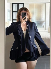 Vibekara Vintage Stand Collar Double-Breasted Short Jacket For Women, Flared Long Sleeve Asymmetrical Ruffle Hem Cinched Waist Sexy Jacket Fall - Navy Blue - View 1
