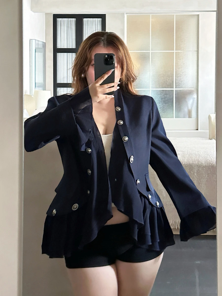 Vibekara Vintage Stand Collar Double-Breasted Short Jacket For Women, Flared Long Sleeve Asymmetrical Ruffle Hem Cinched Waist Sexy Jacket Fall - Navy Blue - View 1