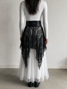 SHEIN ICON Women's Lace Patchwork Fashion Versatile Date & Outing Skirt - Black - View 2