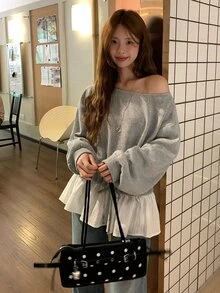 Dazy Tall Women's Korean Style Long Sleeve Patchwork Hem 2 In 1 Sweatshirt - Grey - View 6