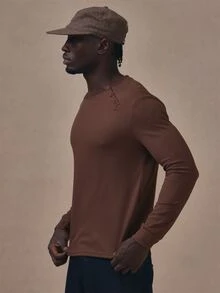 Musero Asymetric Long Sleeve Waffle Top Crew Neckline Autum Winter Essentials - Brown - View 3