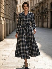 Editum 女款格紋長袖單排扣腰部繫帶休閒襯衫洋裝 - 藏蓝色 - 查看 7