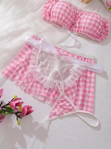 Spicy Aura Sexy Sweet Cute Plaid Lace-Up Contrast Color Maid Lingerie Set 4pcs Red & White - Pink - View 4