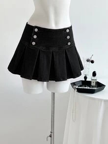 Elamini Fashion Casual Y2K Hot Girl Low Waist Denim Pleated Mini Skirt - Black - View 5