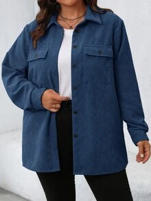 SHEIN LUNE Plus Size Women's Solid Color Long Sleeve Utility Pocket Casual Jacket, Spring & Fall Winter Autumn - Blue - View 4