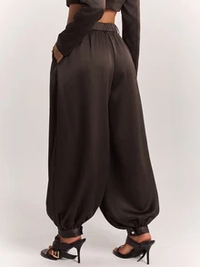 SHEIN BAE 女款休閒百搭深灰色條紋西裝長褲，通勤休閒穿搭，日常街頭風 - 棕色 - 查看 2