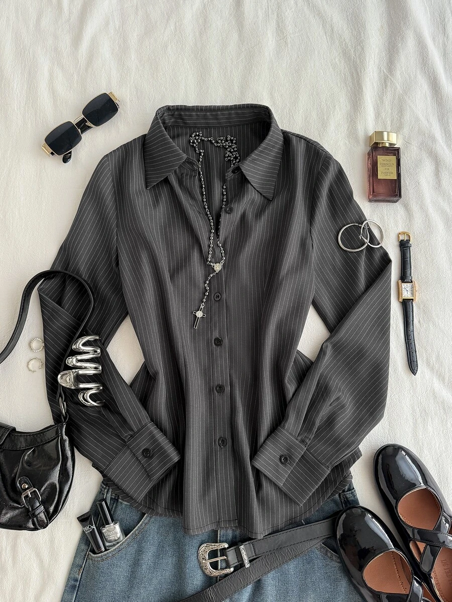 Attitoon Women's Striped Casual Versatile Daily Long Sleeve Shirt - Grey - View 1