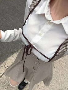 FRIFUL Women's Low-Cut Double-Row Denim Design Casual Suspenders Short Dress - Khaki - View 6