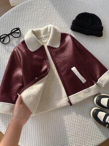 SHEIN 兒童小男孩加厚夾棉外套 冬季PU外套 抓絨加厚 秋冬衣款 拼接黑色皮革機車夾克 - 酒紅色 - 查看 5