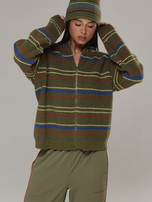 Musera Sport Jaket Rajut Oversized Berkerudung dengan Resleting dan Garis-Garis Aneka Warna, Cocok untuk Aktivitas Luar Ruangan, Olahraga, Gym, Musim Gugur, Musim Dingin, Terra Peak - Hijau Tentara - View 1