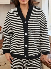 Doze Lane Women's Plus Size Coral Fleece Striped Casual Pajamas - Black and White - View 3