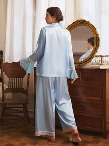 Côtesoire Plus Size Women's Contrast Lace Bell Sleeve Single-Breasted Top And Pants Elegant Pajama Set - Baby Blue - View 2