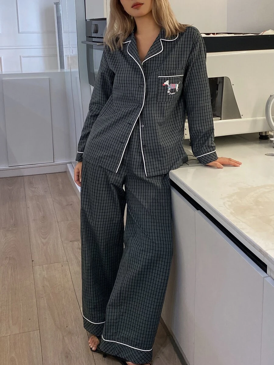 DAZY Women's Plaid Colorblock Long Sleeve Top And Pants Casual Daily Home Sleepwear Set - Green - View 1