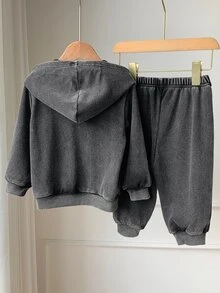SHEIN 中性嬰兒男/女童、幼兒 2 件組秋冬休閒時尚黑色紮染連帽夾克套裝、運動衫套裝、嬰兒冬季穿搭套裝、街頭風 - 黑色 - 查看 2