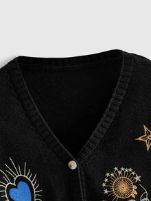 ROMWE Hippie Vintage Heart Portrait Star Moon Embroidered Loose Short Knit Cardigan Plus Size Women Fall Winter Sweater - Black - View 4
