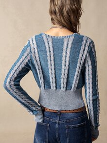 Bohemela Fall/Winter,Women's Washed V-Neck Long Sleeve Mixed Blue Wool Twisted Rope Chinese Knot Knit Cardigan,Twist Special Dye Technique,Frog Toggle Button - Blue and White - View 7