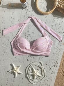 SHEIN Swim 夏季海灘扭結式聚攏胸型掛脖比基尼上衣 - 粉色 - 查看 3