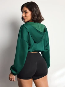 SHEIN Sports 女款長袖拉鍊休閒短版連帽衛衣 - 墨綠色 - 查看 2