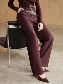 Anewsta Women's Elegant Burgundy Loose Fit Pants, Urban Modern, Casual Commute - Burgundy - View 6