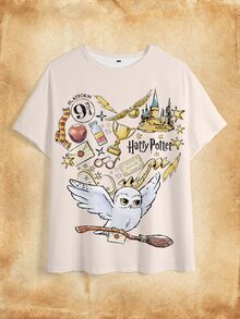 HARRY POTTER X SHEIN 大尺碼女款字母與鷹圖案圓領短袖休閒T恤 - 白色 - 查看 3