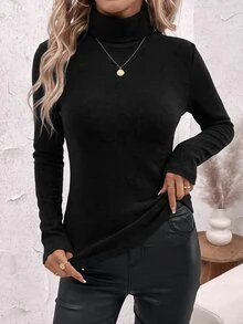 SHEIN Clasi 女款立領抓皺腰部保暖發熱T恤 - 黑色 - 查看 5
