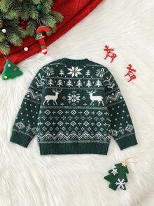 SHEIN 男女嬰兒/幼兒秋冬保暖內裡加厚可愛費爾島圖案聖誕毛衣，嬰兒聖誕毛衣 - 綠色 - 查看 2