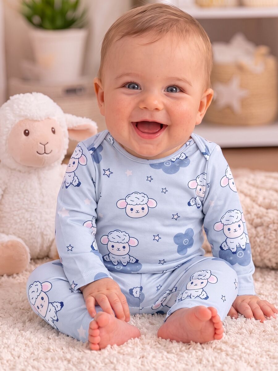 SHEIN Newborn Baby Cartoon Pattern Long Sleeve Top And Pants Casual Daily Home Sleepwear Set - Blue - View 1