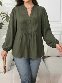 Ceyna 大尺碼女款春夏秋冬法式優雅奢華休閒度假波希米亞極簡高端設計老錢風舒適素色仿亞麻面料V領立領半開襟前褶皺設計寬鬆A字燈籠長袖襯衫 - 軍綠色 - 查看 6