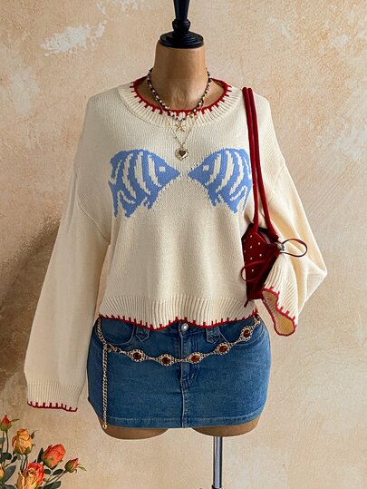 Soleia Women's Fish Pattern Round Neck Drop Shoulder Long Sleeve Casual Sweater
