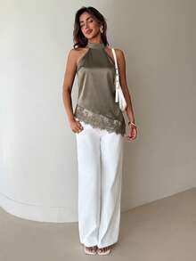 Aloruh Women's Sexy Lace Patchwork Asymmetrical Hem Blouse - Mocha Brown - View 3