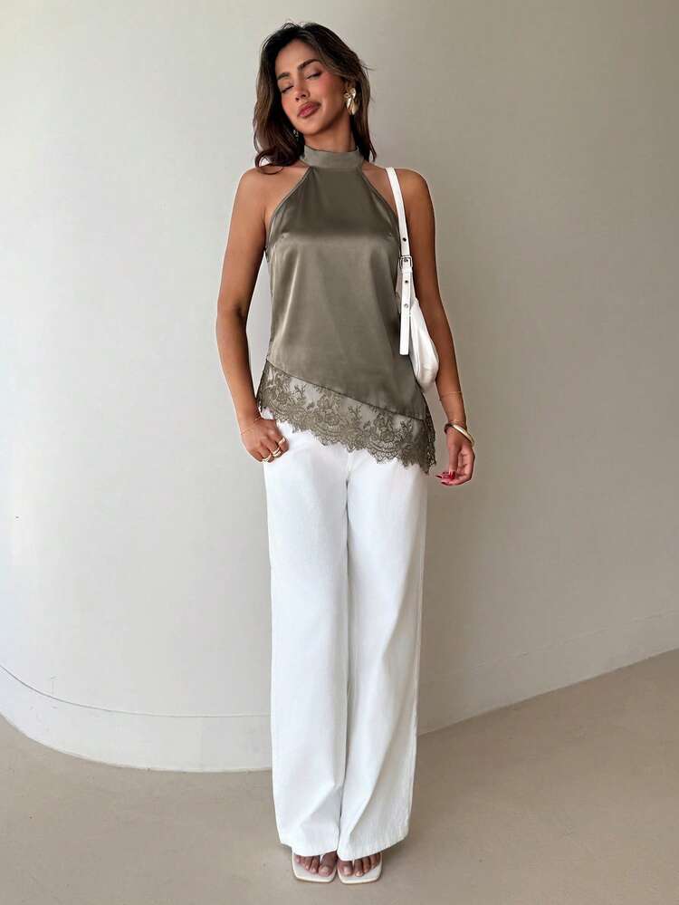 Aloruh Women's Sexy Lace Patchwork Asymmetrical Hem Blouse - Mocha Brown - View 3