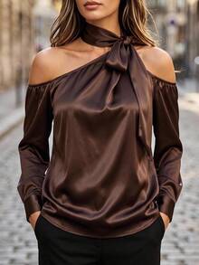 Velvienne Plus Size Women's Sexy Asymmetrical Shoulder Long Sleeve Blouse, Early Spring Faux Acetate Wrinkle-Resistant Versatile Chic Top - Brown - View 8