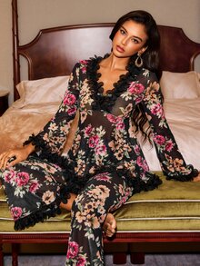 Slumberist Women's Mesh Printed Realistic Floral Bell Sleeve Deep V-Neck 3D Lace Trim Flared Top And Pants Pajama Set - Multicolor - View 1