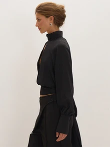 MUSEYN Black Chiffon Key Hole Detail Tie Long Sleeve Top Versatile Everyday Date Night Chic New Season Fall - Black - View 3