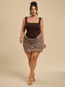 SHEIN BAE CURVE Plus Size Women's Brown Colorblock Sequin Hem Fashion Sleeveless Mini Dress - Brown - View 3