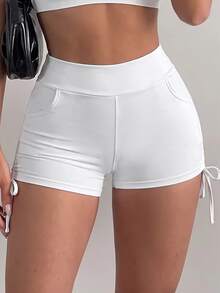 SHEIN Sovereign Charm Women's Plus Size Solid Color Pocket Tie Design Sports Shorts - Black and White - View 9