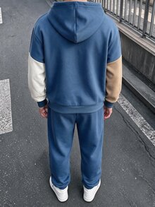 青少年男孩休閒極簡長袖舒適連帽衫與運動長褲2件套，抓絨內裡，適合秋冬，經典復古拼色圖案印花，酷炫街頭哥德文字印花 - 彩色 - 查看 6