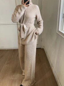 DAZY 女款純色打結腰長袖上衣與長褲針織兩件套 冬季 - 卡其色 - 查看 3
