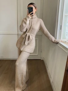 DAZY 女款純色打結腰長袖上衣與長褲針織兩件套 冬季 - 卡其色 - 查看 1