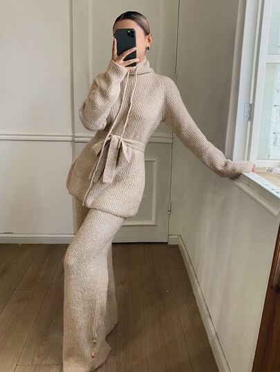 DAZY Conjunto de 2 piezas de top de manga larga con cintura anudada y pantalones de punto de unicolor para mujer
