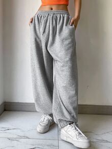 Dazy Tall Quần dài thể thao nữ dáng rộng, cạp chun co giãn, có dây rút và gấu bo, mùa thu - Xám - Xem 5