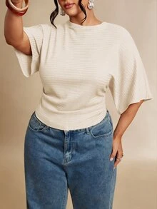 SHEIN BAE Plus Size Autumn Casual Solid Color Batwing Sleeve T-Shirt Gym Brown Fall - Apricot - View 6