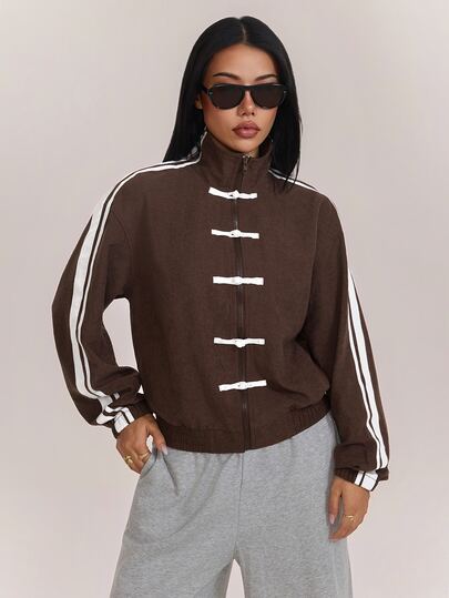 SHEIN PETITE Stylish Street-Style Brown Chinese-Style Frog-Button Jacket For Petite Women