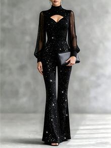 LUMIGAL Women's Autumn Cutout Design Shiny Long Sleeve Elegant Flared Jumpsuit - Black - View 1