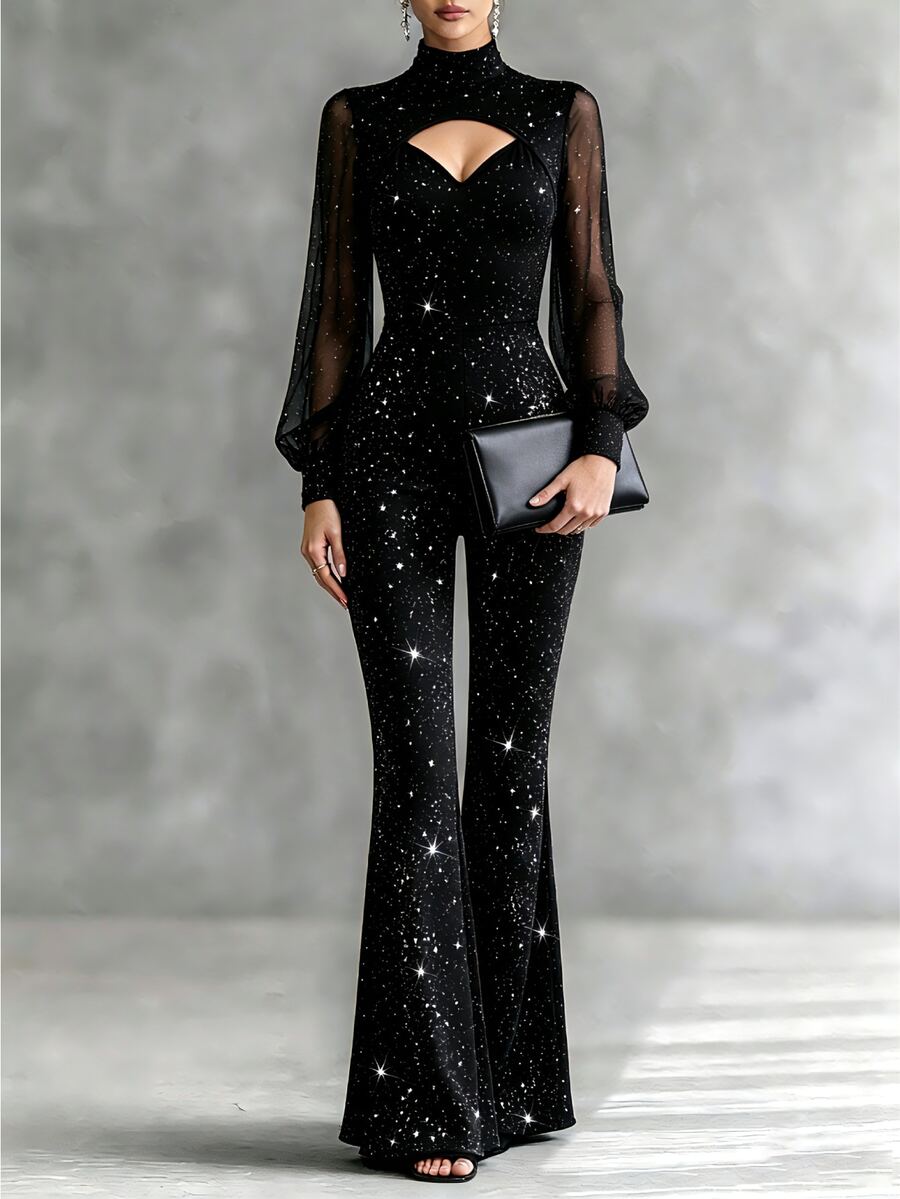 LUMIGAL Women's Autumn Cutout Design Shiny Long Sleeve Elegant Flared Jumpsuit - Black - View 1