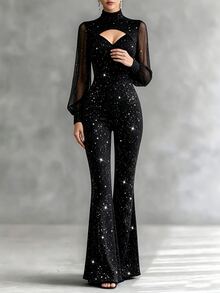 LUMIGAL Women's Autumn Cutout Design Shiny Long Sleeve Elegant Flared Jumpsuit - Black - View 5