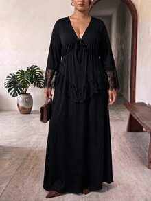 Truni Plus-Size Women's Contrast Lace Long-Sleeved Dress, V-Neck And Fitted WaistPear Body,Triangle Body Fall - Black - View 4